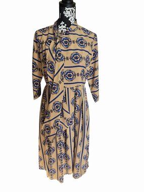 Dainty Jewells Modest Dress Large Beige & Blue Cottage Core Long Sleeve